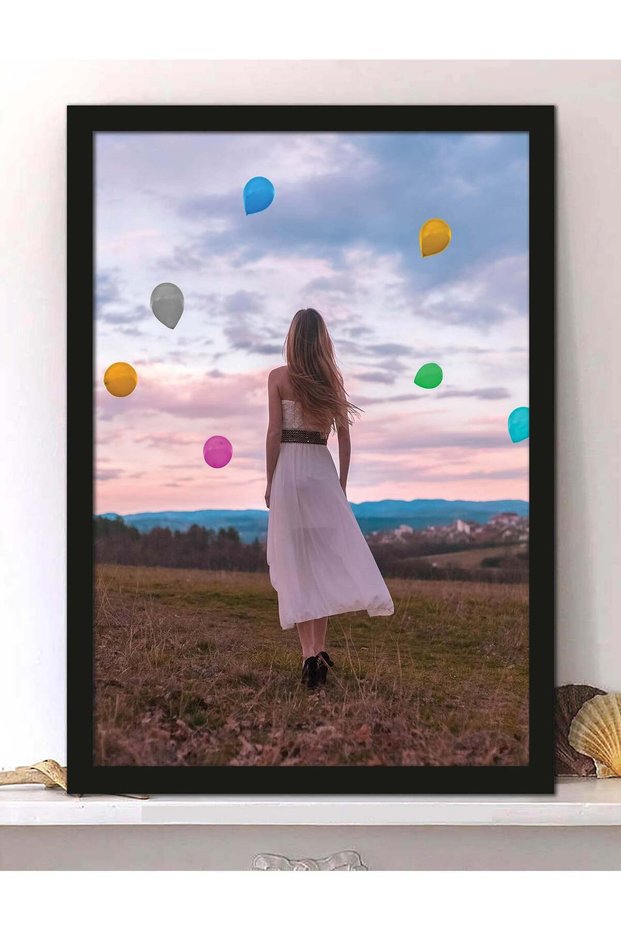 Wall Posters with Girl Walking And Flying Balloons Picture and Black Frame - Wall Arts Home Décor P