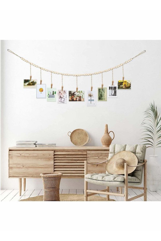 Wall Hanging Photo Display, 2PCS with Wooden Beads Garland, Collage Picture Frame for Boho Wall Dec