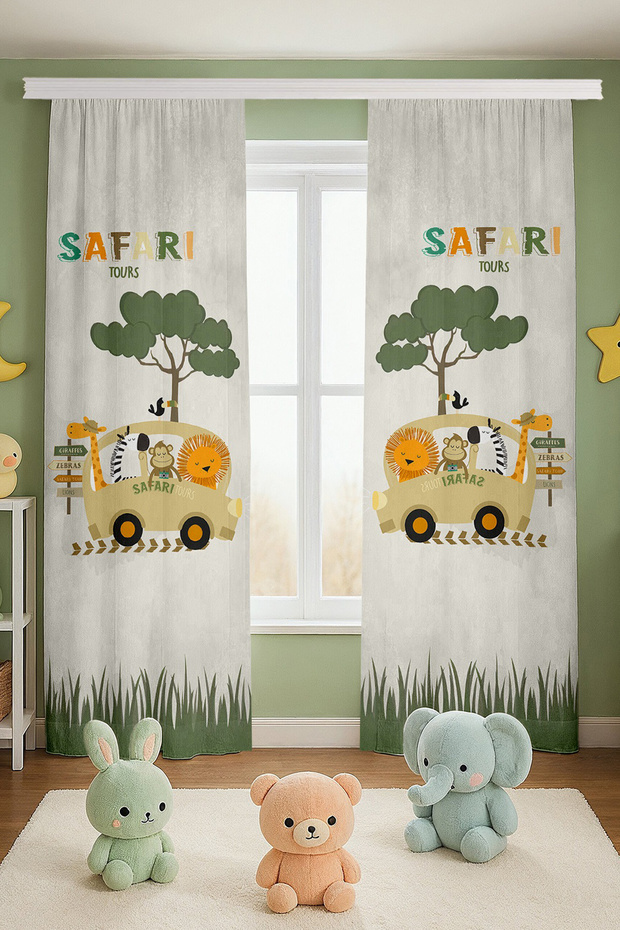 Safari Tour Travelers Patterned Children's Baby Room Background Curtain (Single Wing Pricing)