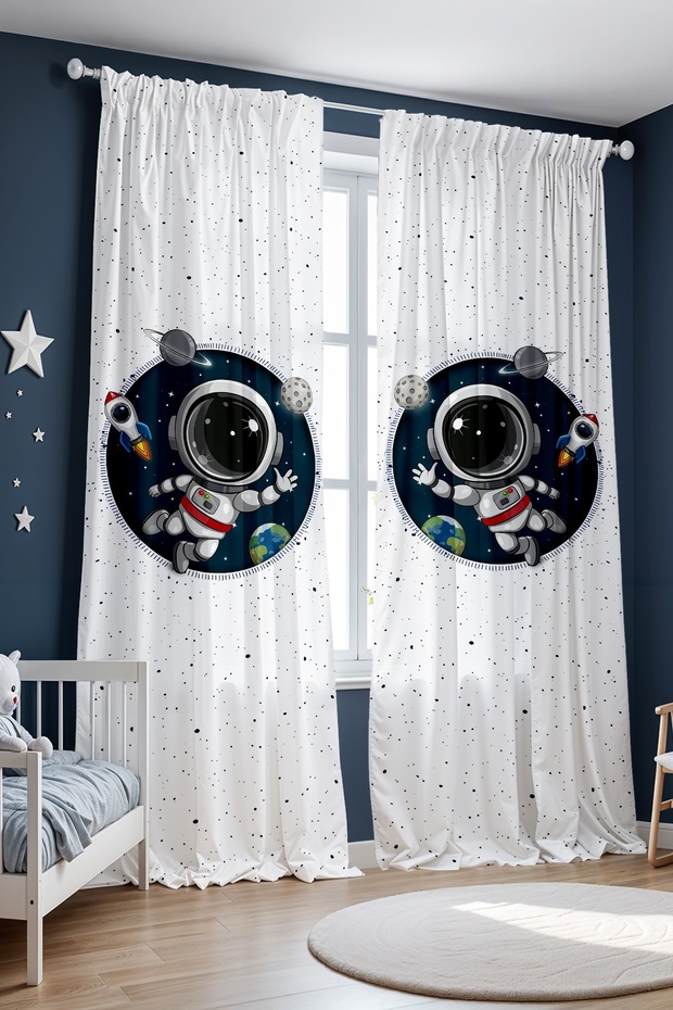 Adventurer Little Astronaut Patterned Children's Baby Room Background Curtain (Single Wing Pricing)