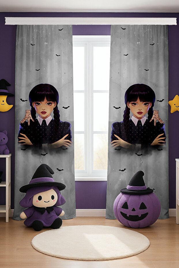 Gray Wednesday Addams Patterned Children's Baby Room Background Curtain (Single Wing Pricing)