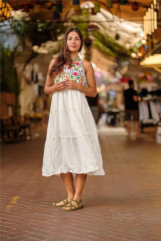 White Color Floral Embroidered Strap Dress