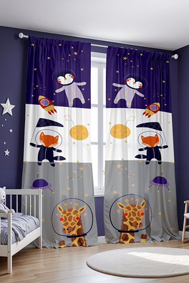 Astronaut Safari Patterned Children's Baby Room Background Curtain (Single Wing Pricing)