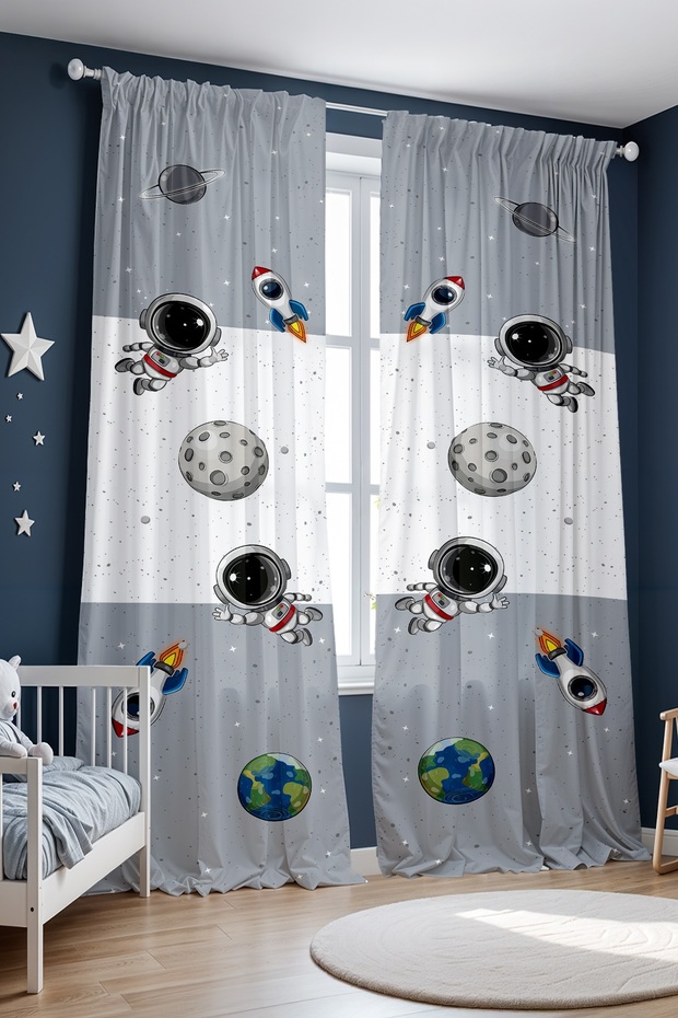 Gray Ye Gray Space and Little Astronaut Patterned Children's Baby Room Background Curtain (Single Wing Pricing)