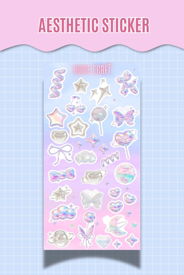 Aesthetic Holographic Looking Sticker– Star Butterfly Heart Planet Agenda Scrapbook Sticker
