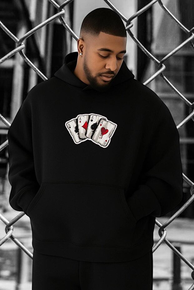 3 Thread Combed Cotton Poker Card Printed Oversized Sweatshirt