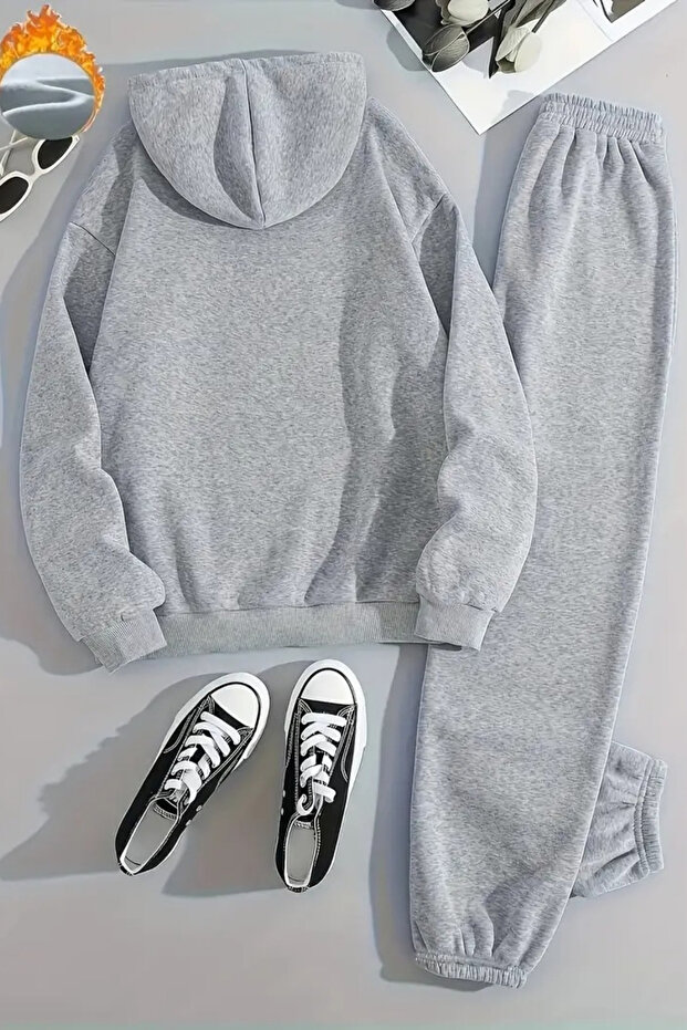 Unisex RUN Baskılı Kapüşonlu Gri Eşofman Takımı - Kışlık Şardonlu Kumaş - 2