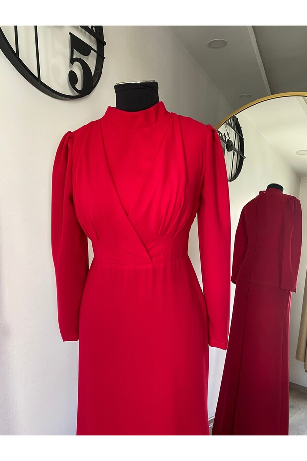 Krep Drapeli Elbise Kırmızı - 5