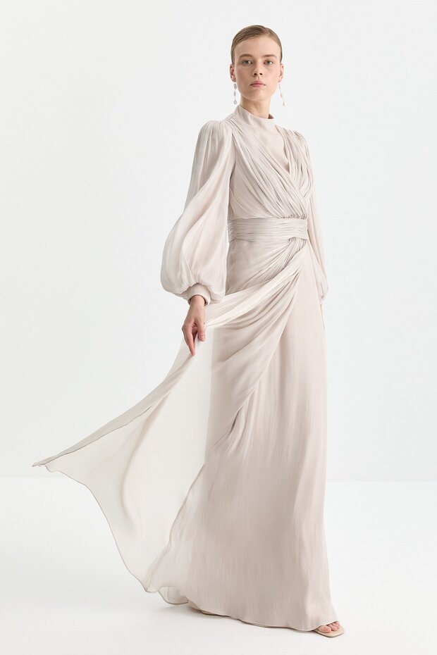 Balon Kollu Drapeli Abiye Bej - 3