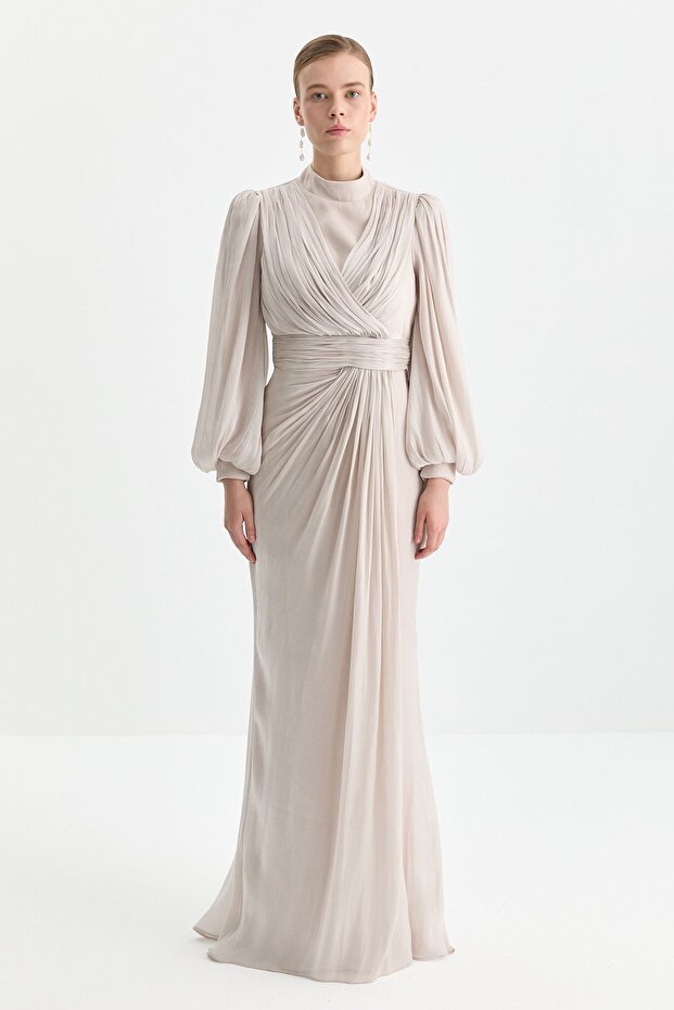 Balon Kollu Drapeli Abiye Bej - 1