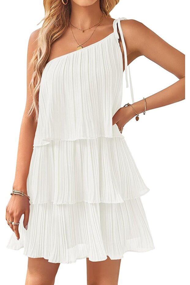 Women's 2023 Boho Summer One Shoulder Sleeveless Ruffle Tiered Layered Chiffon Pleated A Line
