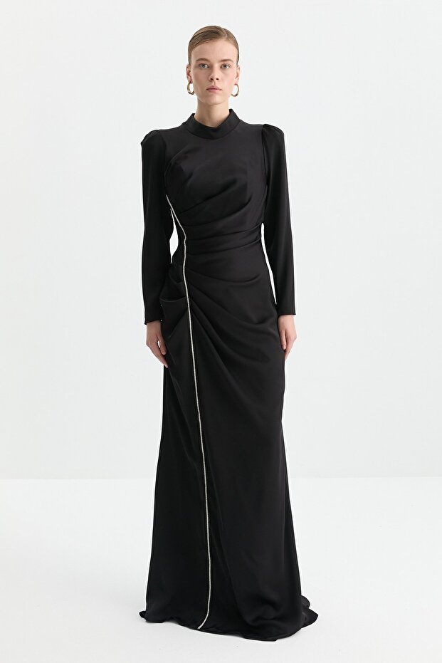 Drapeli Şık Elbise Siyah - 1