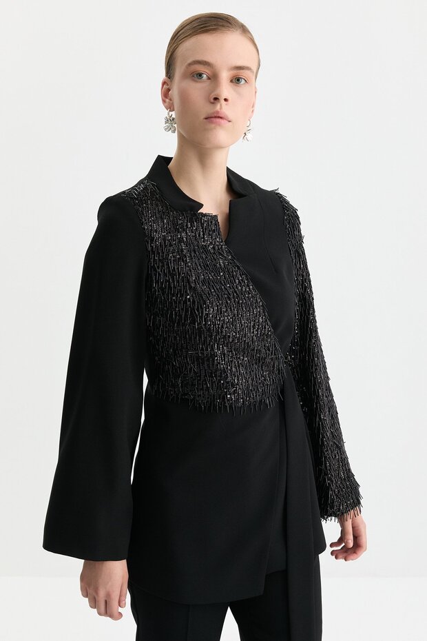 Payetli Bağlamalı Ceket Siyah - 3