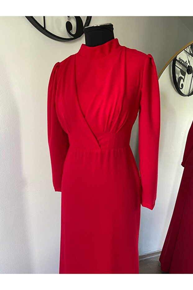 Krep Drapeli Elbise Kırmızı - 3