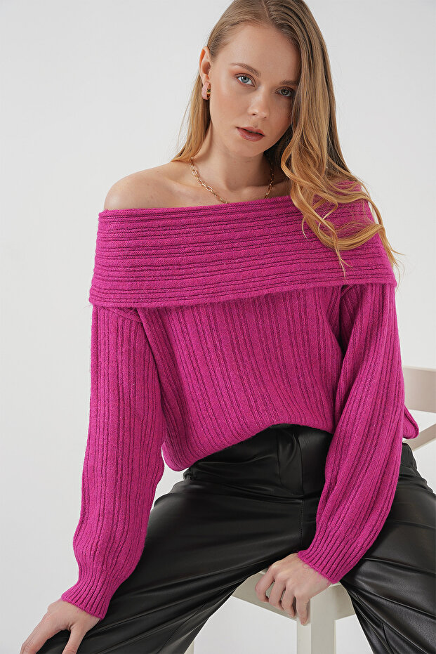 Women's Open Shoulder Oversize Knitwear Sweater Dark Pink 1235