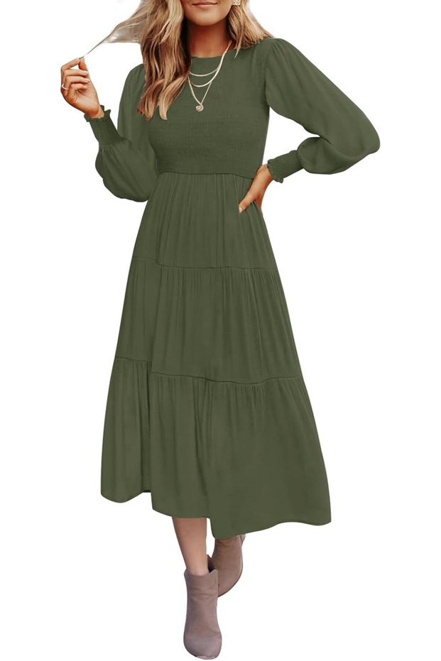 Women's Casual Long Sleeve Smocked High Waist Tiered Midi Dress