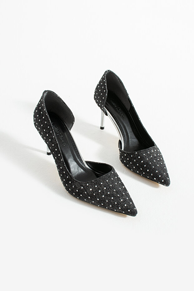 Siyah Taş Detaylı İnce Topuklu Stiletto – Metal Topuklu Şık Kadın Abiye Ayakkabı - 5