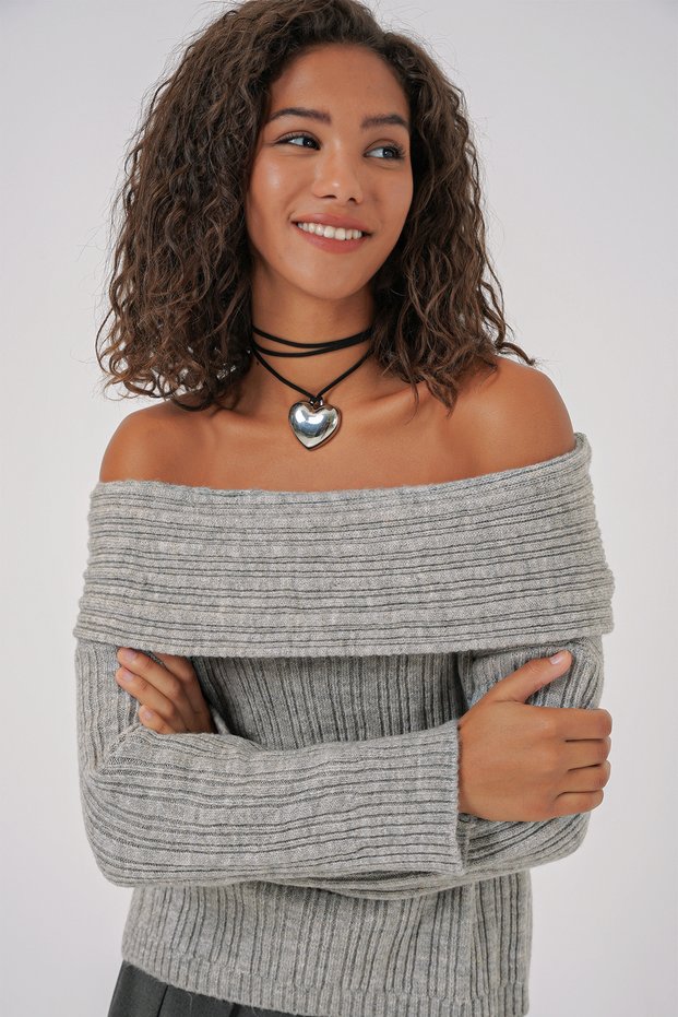 Women's Open Shoulder Oversize Knitwear Sweater Gray 1235