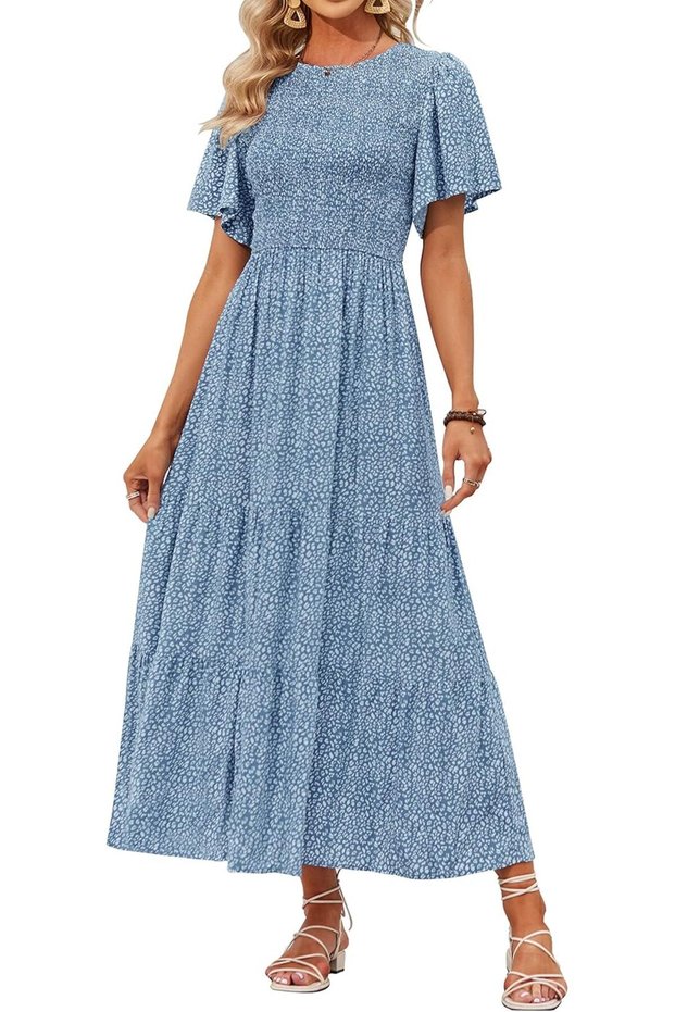 Women's 2023 Summer Casual Floral Print Short Flutter Sleeve Crew Neck Smocked High Waist Flo