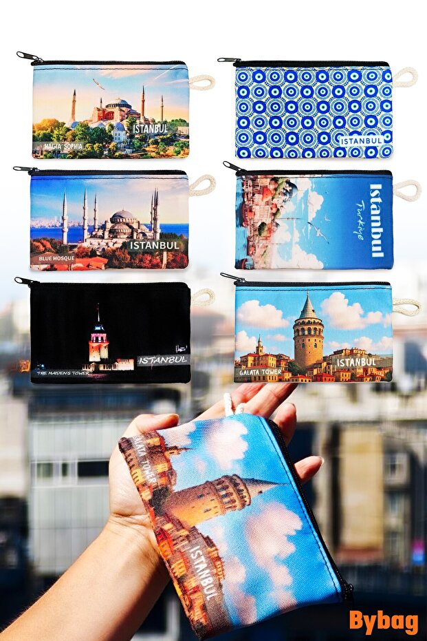 Istanbul Themed 6 Pieces Gift Fabric Wallet Coin Bag 17 cm X 10 cm