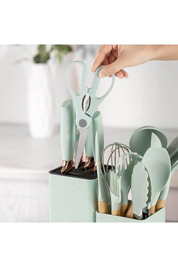 19-Piece Pink Kitchen Knife & Silicone Utensil Set with Storage Rack, Cutting Board & Tools