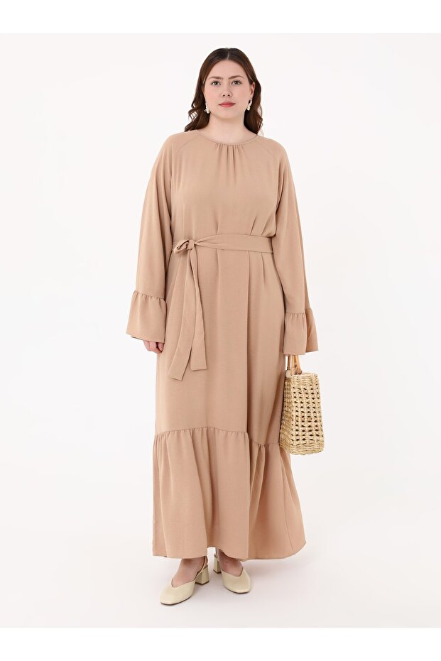 Plus Size Dress with Flared Skirt and Tie Waist - Beige -
