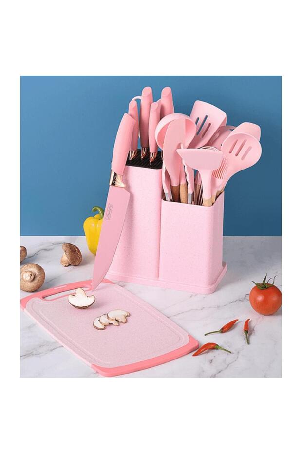 19-Piece Pink Kitchen Knife & Silicone Utensil Set with Storage Rack, Cutting Board & Tools