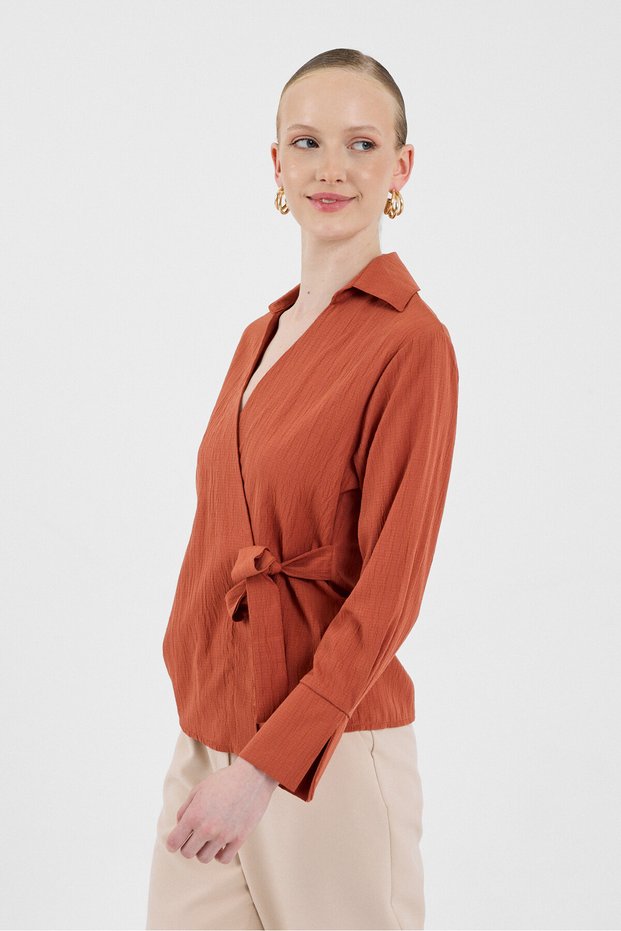 Tile Front Tie Detail Long Sleeve Blouse 8019A