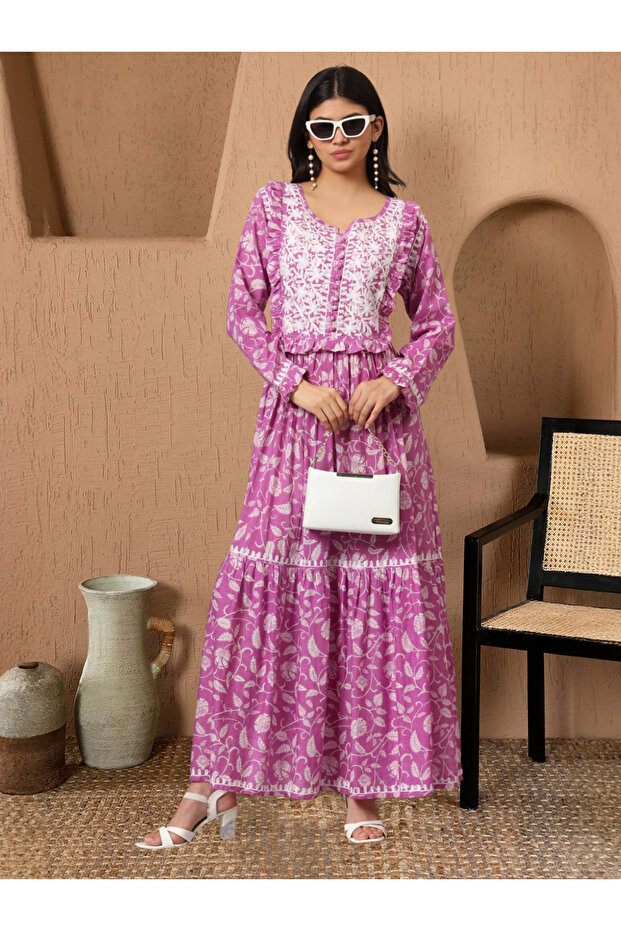 Hand Embroidered Chikankari A-Line Gathering Pattern Mulmul Cotton Jalabiya-AL3941