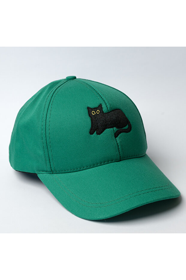 Nakışlı Yeşil Şapka Pamuklu Kumaşlı ve Siyah Kedi Nakışlı Şapka Günlük Tarz Ayarlanabilir Şapka - 2