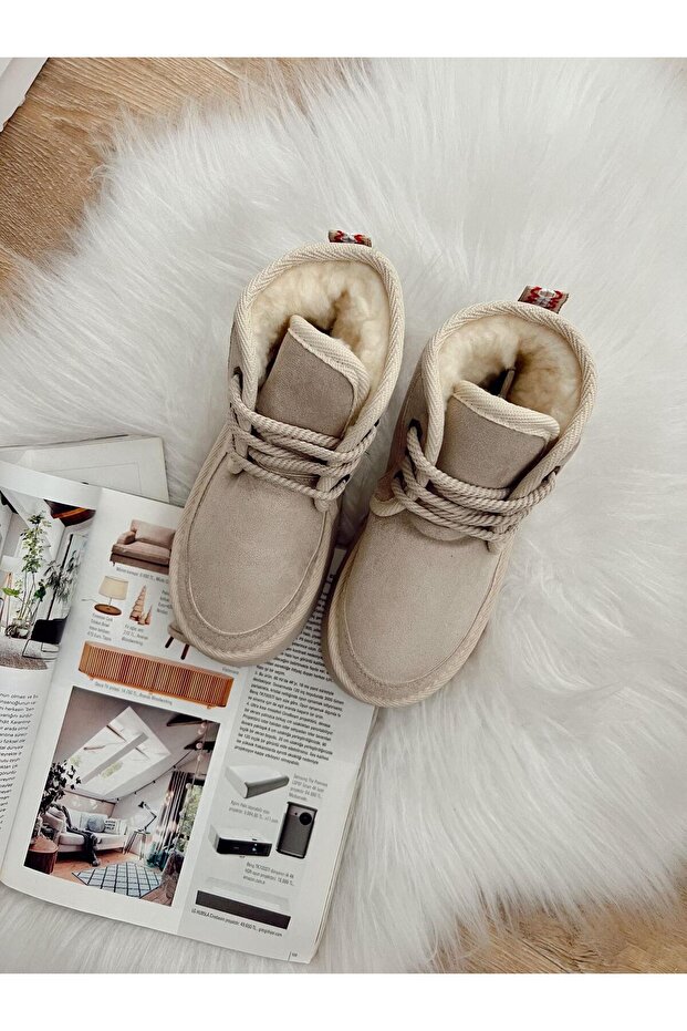 Kalın Taban Mini Bağcıklı Kürklü Gerçek Süet Bot Bej - 2