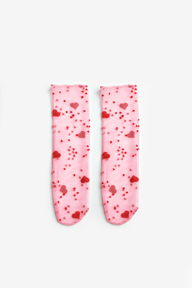 Pembe Flok Kalp Baskılı Kız Çocuk Tül Çorap - 1