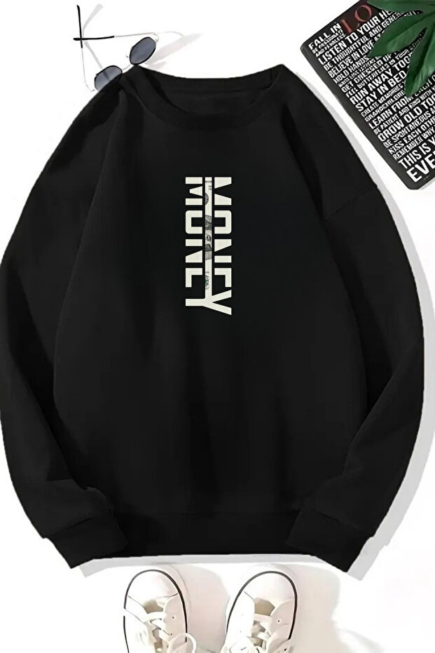 Unisex Black Money Printed Crew Neck Sweatshirt - Winter Embossed Fabric
