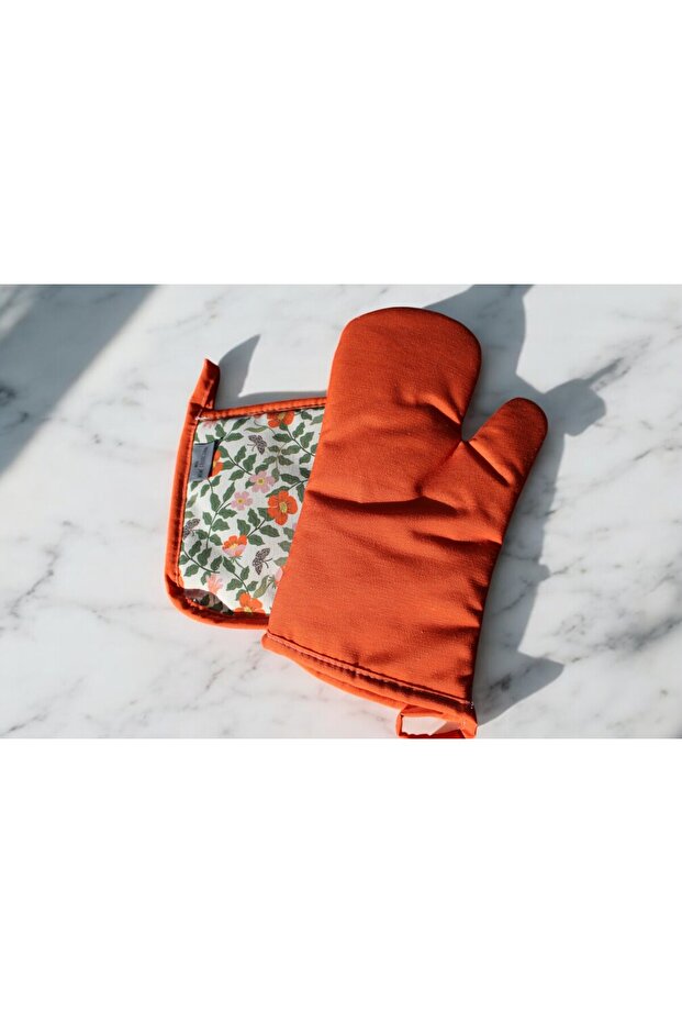 Mof Collection Turuncu Çiçekler Serisi Mutfak Önlüğü Seti - 3