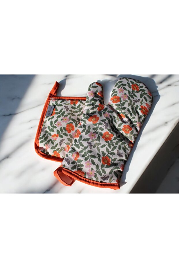 Mof Collection Turuncu Çiçekler Serisi Mutfak Önlüğü Seti - 2