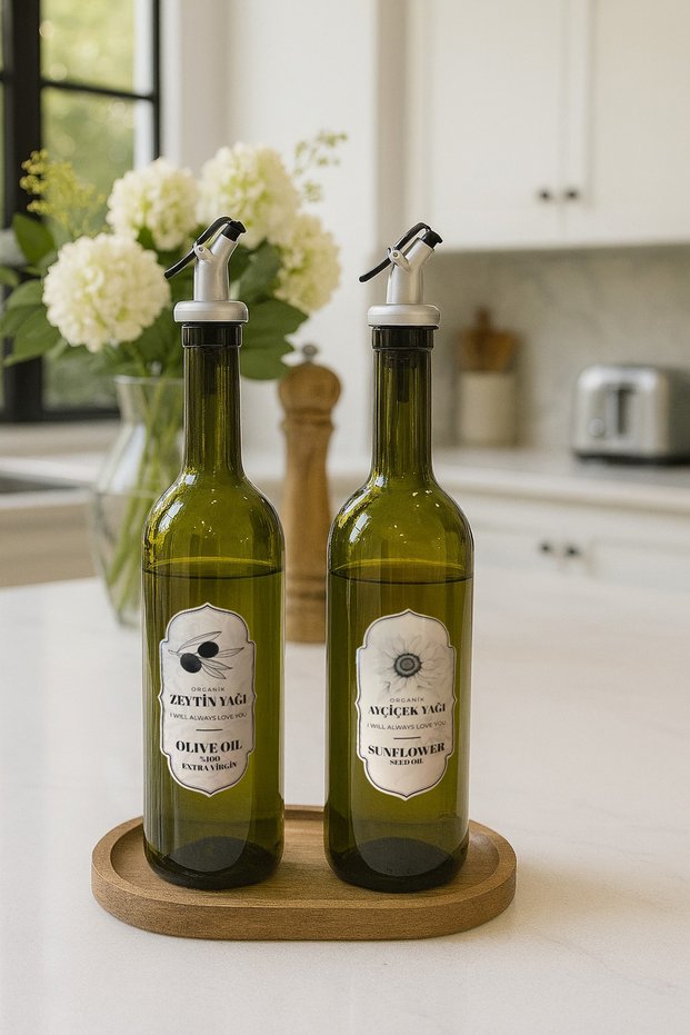 Labeled Green Glass Bottle Olive Oil and Sunflower Oil Set 750 ml – with Wooden Stand