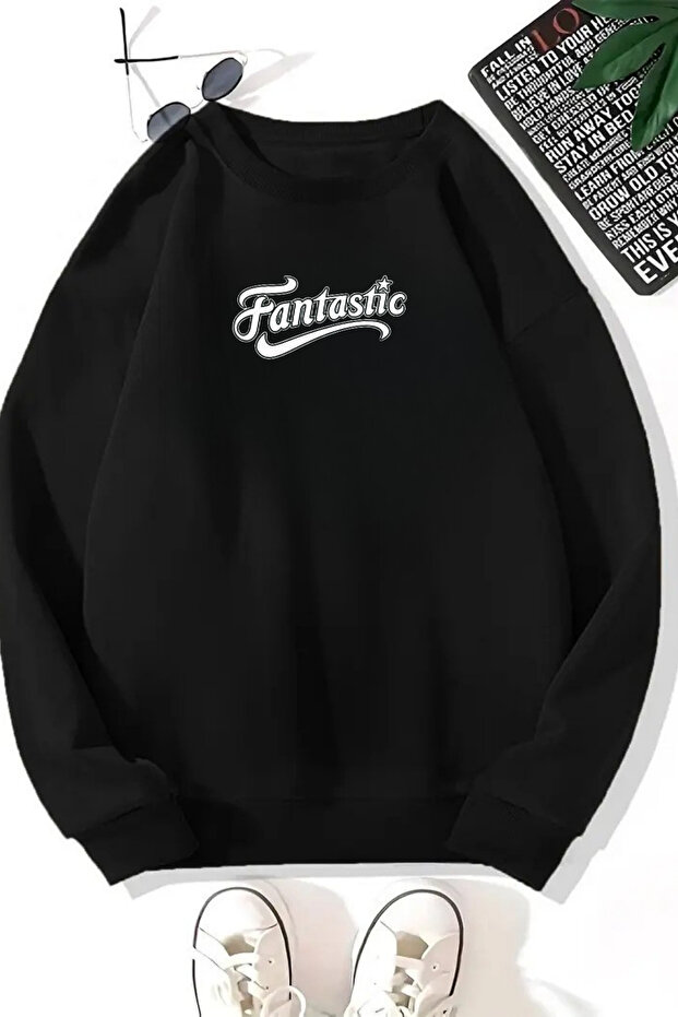 Unisex Black Fantastic Printed Crew Neck Sweatshirt - Winter Embossed Fabric