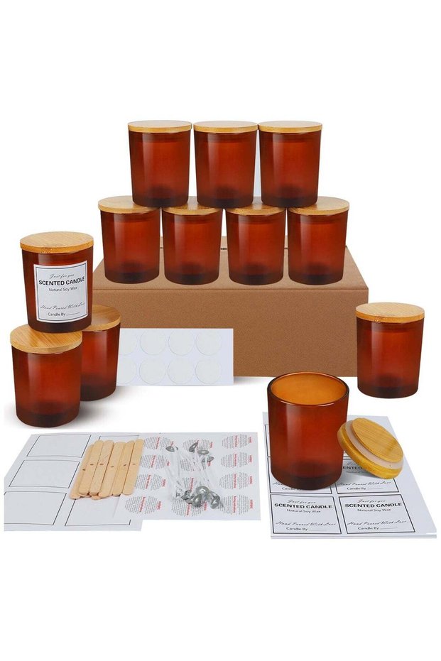 12 Pack 8oz Brown Glass Candle Jars with Bamboo Lids – Complete DIY Candle Making Kit with Wicks, W