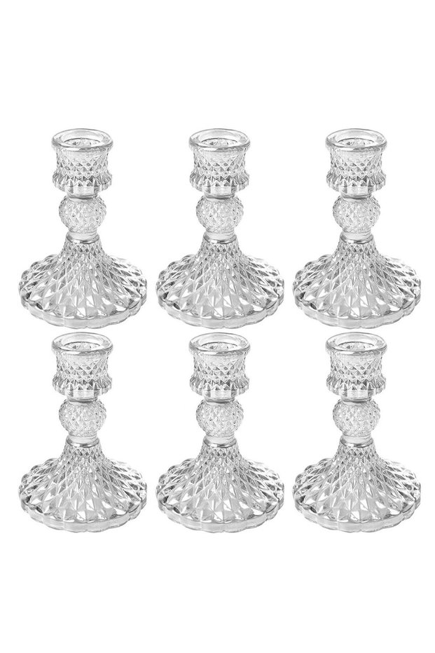 6 Pack Candlestick Holders Set, 4" Taper Candle Stand, Clear Glass Candle Holders for Wedding, Fest