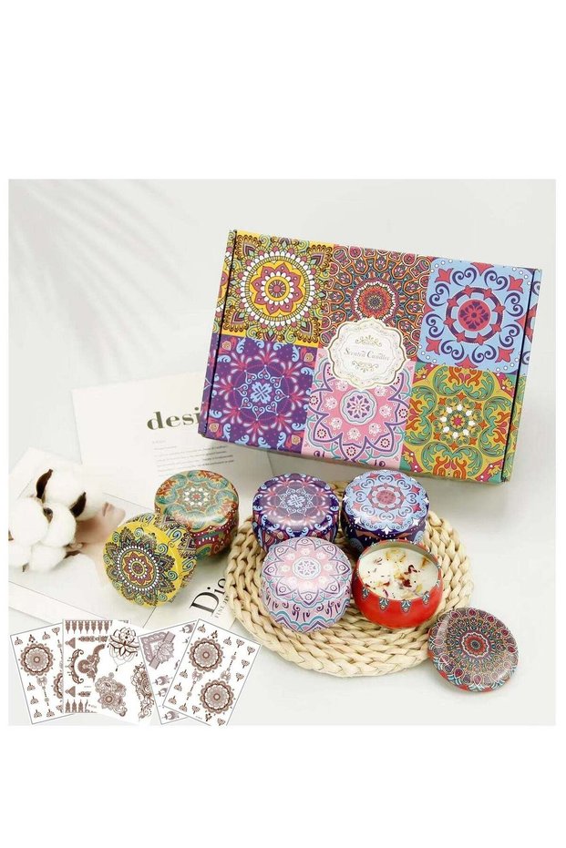 Luxury Gift Set 6pcs Scented Candles Gift Box and 5 Sheets Brownish Red Temporary Waterproof Henna