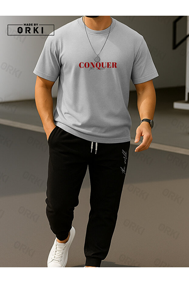 Conquer the World Printed Oversize Gray T-Shirt & Black Pants Tracksuit Set