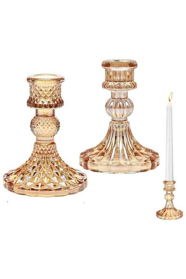 2 Pcs Glass Candle Holders，Clear Candlestick Holder and Taper Candle Holder，Crystal Decorative Cand
