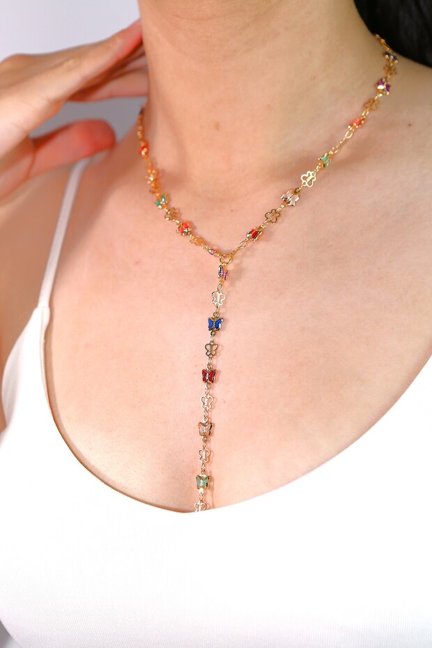 Y Necklace - Trendy Butterfly Colored Stone Butterfly Low-Cut Necklace
