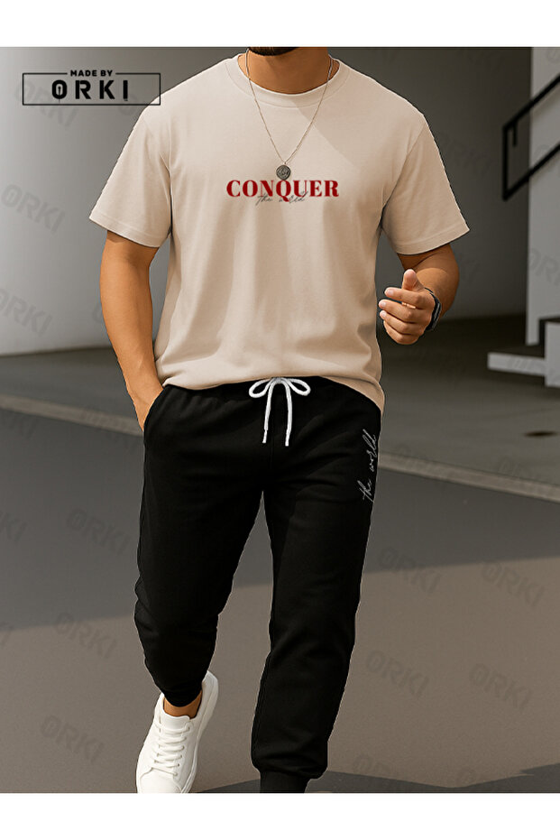Conquer the World Printed Oversize Beige T-Shirt & Black Pants Tracksuit Set