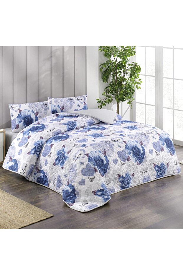 Double Light Quilted Duvet Cover Set Love Blue