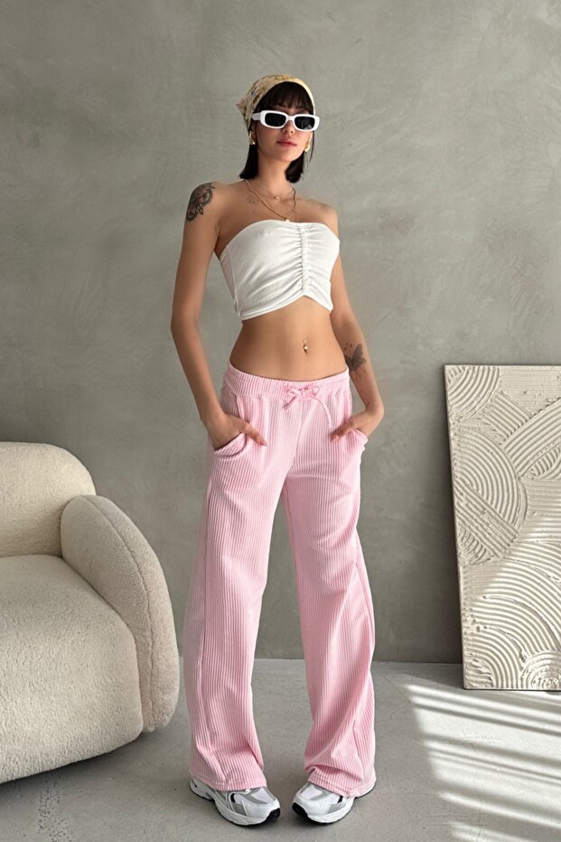 Elastic Waist Tied Waterway Stripe Wide Leg Pants - High Waist Comfortable Textured Knitted