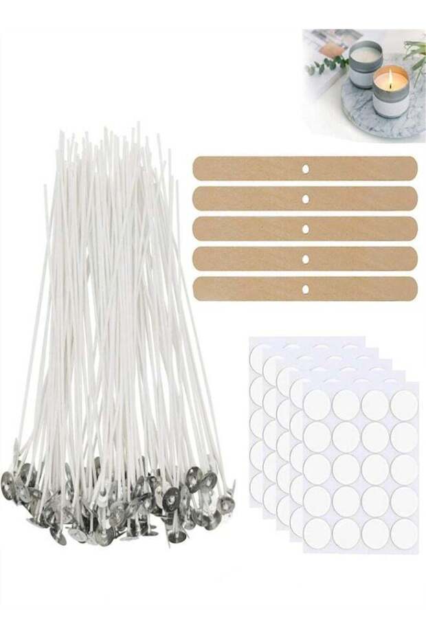 100 Pcs Cotton Candle Wicks (10cm) with 100 Pcs Wick Stickers and 5 Pcs Wooden Candle Wick Holders,