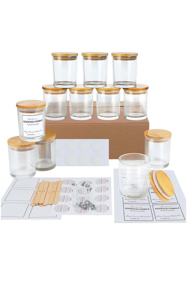 12 Pack 8oz Clear Glass Candle Jars with Bamboo Lids – Complete DIY Candle Making Kit with Wicks, W