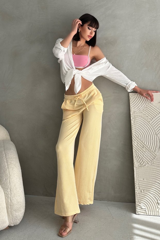Elastic Waist Tied Waterway Stripe Wide Leg Pants - High Waist Comfortable Textured Knitted