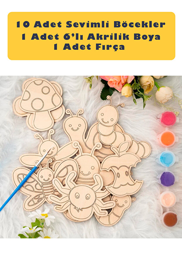 Ahşap Kendin Yap Sevimli Böcekler Boyama Seti- Montessori Ahşap Eğitici Oyuncak - 5